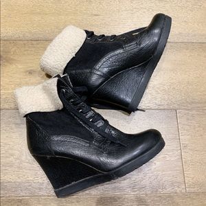 Franco Sarto Black Shearling Lined Lace Up Wedge